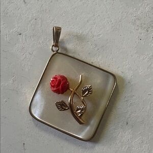 Vintage Mother of Pearl Red Rose Pendant